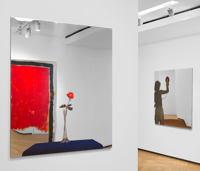 Michelangelo Pistoletto. Donna con lampada, 1974. Silkscreen on polished stainless steel, 125 x 125 cm (49 1/4 x 49 1/4 in). Courtesy Mazzoleni.