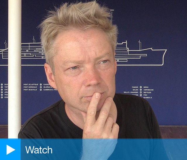 Simon Patterson talking to Studio International at De La Warr Pavilion, 18 July 2017. Photograph: Martin Kennedy.
