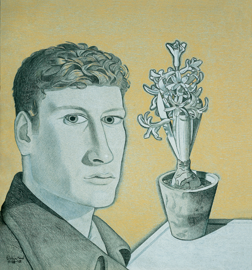 Lucian Freud (1922 - ). Self-Portrait with Hyacinth in Pot (1947-48).
447 x 415 mm,
Pastel on paper.
Pallant House Gallery, Chichester. Wilson Gift and Loan.