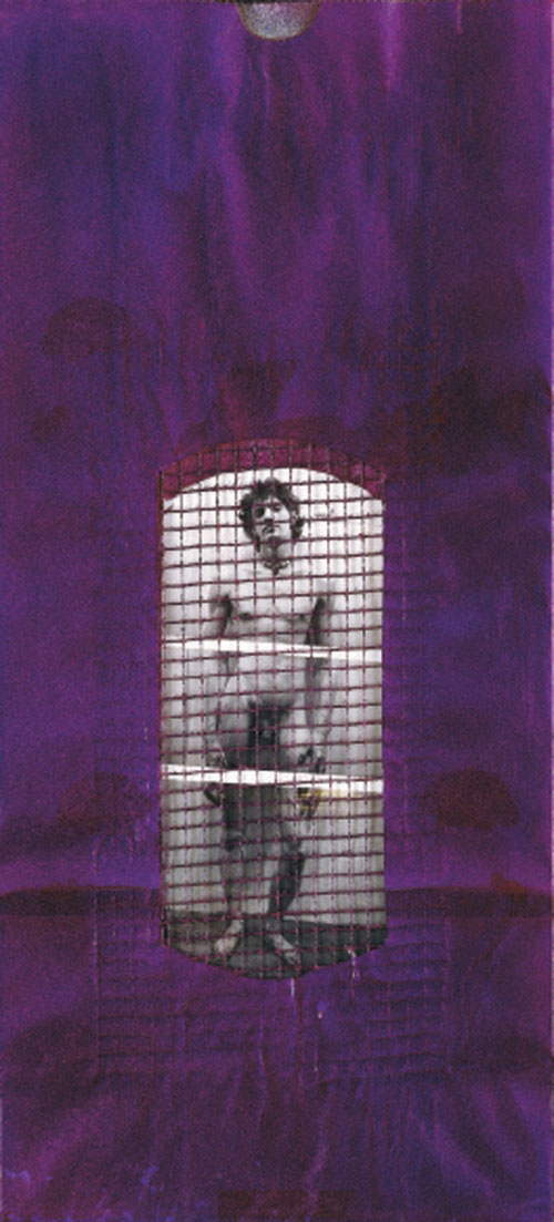 Robert Mapplethorpe. Untitled (Self-Portrait), 1971. Dye diffusion transfer print (Polaroid) collage with painted potato sack
17 x 7-3/4 in. Collection Pérez Art Museum Miami, promised gift of Charles Cowles.