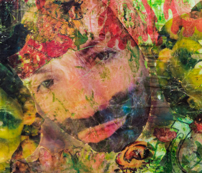 Athena Papadopoulos. Slither Me Timbers! A Septic Twist on the Rocks, 2016. Hair dye, lipstick, nail polish, bleach, image transfers, thread and pins on bed sheet over canvas, 200 x 230 cm. Photograph: Mariell Lind Hansen. Courtesy the artist and Supportico Lopez.