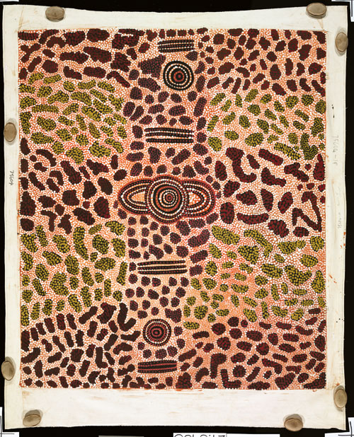 Long Jack Phillipus Tjakamarra. Wilkinkarra Men’s Camp, 1975. Synthetic polymer paint on canvas, 2,010 x 1,720 mm. All works © the artists or their estates and licensed by Aboriginal Artists Agency, 2007