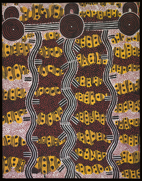 Kaapa Tjampitjinpa. Storm at Camps on the Rain Dreaming Trail, 1978. Synthetic polymer on canvas board, 710 x 555 mm. All works © the artists or their estates and licensed by Aboriginal Artists Agency, 2007