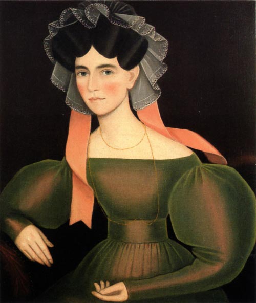 Ammi Phillips. Woman with Pink Ribbons, c. 1830. Oil on canvas, 32 x 27 1/2 inches. Collection of Peter and Barbara Goodman
