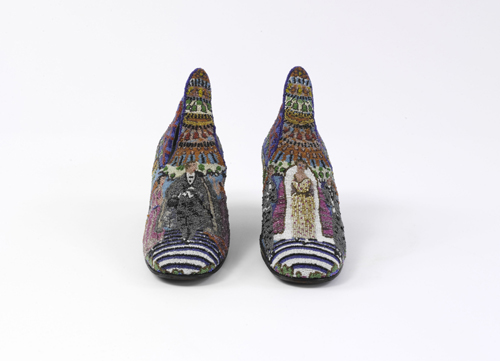 Paul Poiret (French, 1879-1944) by André Perugia (French, 1893-1977). Le Bal Shoes, 1924. Multicolored seed-bead embroidered portraits. The Metropolitan Museum of Art, Purchase, Friends of The Costume Institute Gifts, 2005