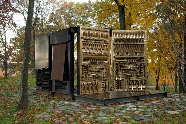 Arnaldo Pomodoro. The Pietrarubbia Group: il fondamento, l'uso, il rapporto, 1975-76. Bronze, iron, fibreglass and marble, 280 x 530 x 360 cm. Storm King Art Center, Mountainville, NY. Photograph: Jerry L. Thompson.