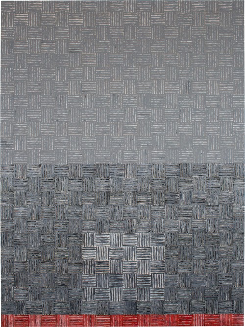 McArthur Binion. DNA Study: III, 2014. Ink, laser print collage, oil paint stick and Staonal crayon on panel. 96 x 72 x 3 in. Courtesy Kavi Gupta, Chicago.