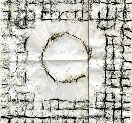 Antonio Vega Macotela. #331 (from Time Divisa), 2010. Human hair and paper, 22.05 x 16.93 in. Courtesy the artist and LABOR, Mexico D.F. In exchange for the artist spying on his ex-lover in the Zona Rosa, "Eduardo" made a poleana board (a board game that is also a visual representation of the prison) using a combination of both his and his current lovers' hair.