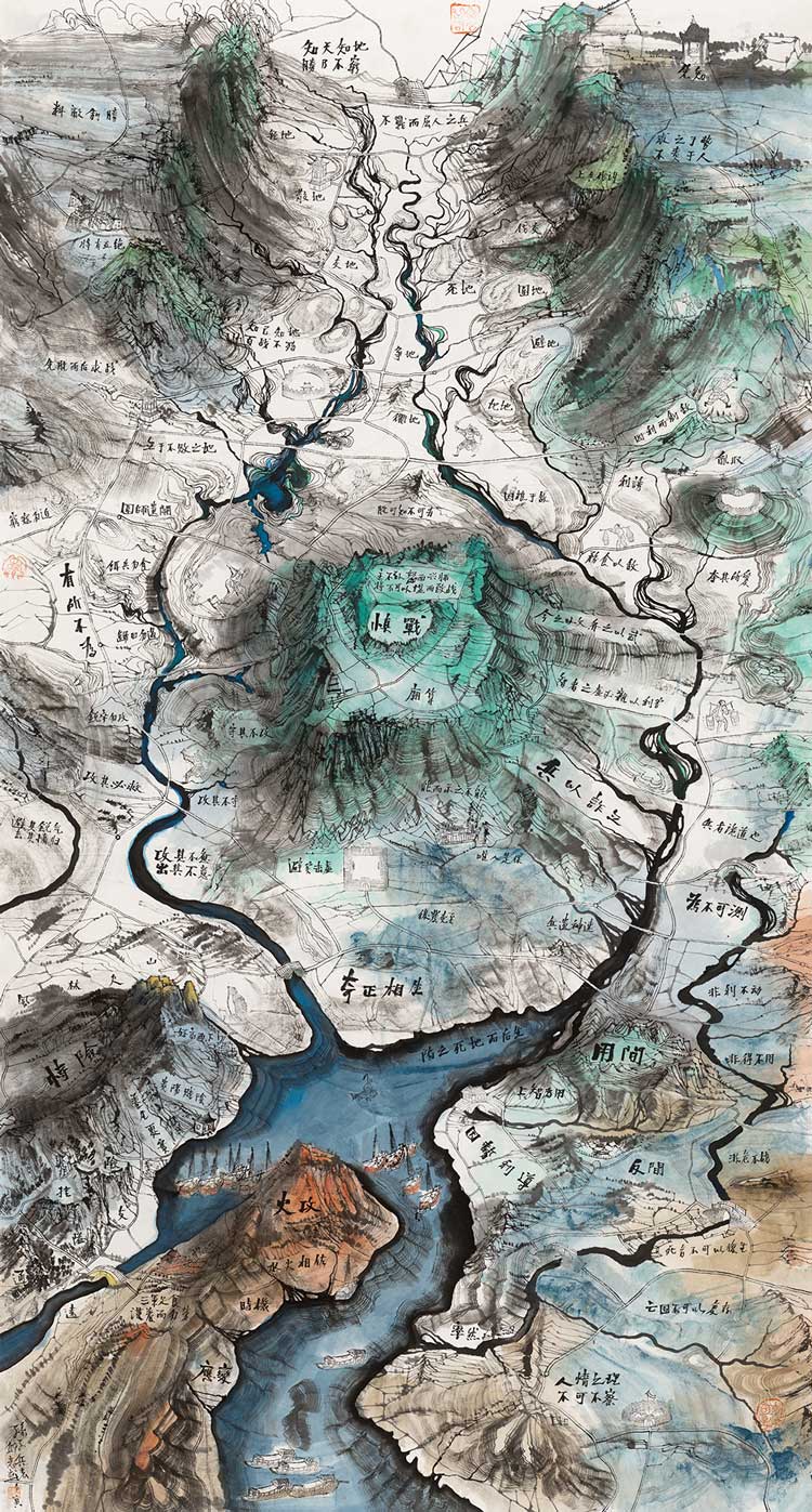 Qiu Zhijie. The Art of War, 2022. Ink on paper scroll, artwork: 200 x 100 cm, scroll: 300 x 100 cm. Courtesy of the artist.