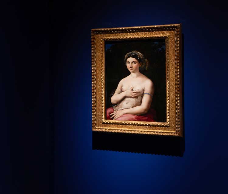 Raphael (Raffaello Sanzio or Santi), and Giulio Romano, 1499?–1546, Portrait of the Nude Fornarina (La Fornarina), ca. 1520. Installation view of Raphael: Sublime Poetry, on view March 29–June 28, 2026 at The Metropolitan Museum of Art. Photo; Eileen Travell, Courtesy of The Met.