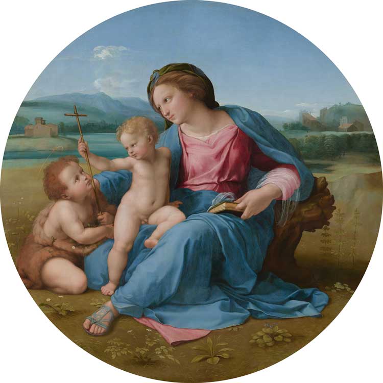 Raphael (Raffaello Sanzio or Santi), The Virgin and Child with the Infant Saint John the Baptist in a Landscape (The Alba Madonna), ca. 1509-11. Oil on canvas, transferred from wood, 37 3/16 in (94.5 cm). National Gallery of Art, Washington, D.C.