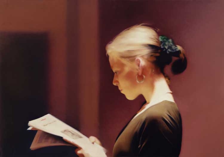 Gerhard Richter, Reader], 1994. Oil on canvas, 72 x 102 cm. Collection San Francisco Museum of Modern Art. Purchase through the gifts of Mimi and Peter Haas and Helen and Charles Schwab, and the Accessions Committee Fund: Barbara and Gerson Bakar, Collectors Forum, Evelyn D. Haas, Elaine McKeon, Byron R. Meyer, Modern Art Council, Christine and Michael Murray, Nancy and Steven Oliver, Leanne B. Roberts, Madeleine H. Russell, Danielle and Brooks Walker, Jr., Phyllis C. Wattis, and Pat and Bill Wilson. © Gerhard Richter 2025.