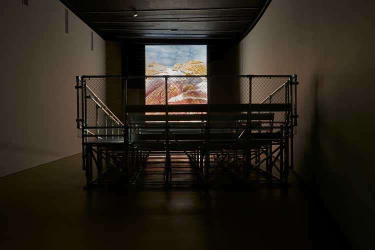 Lucy Raven, Murderers Bar, 2025. Installation view, The Curve, 9 October 2025 – 4 January 2026. © Jo Underhill, Barbican Art Gallery.