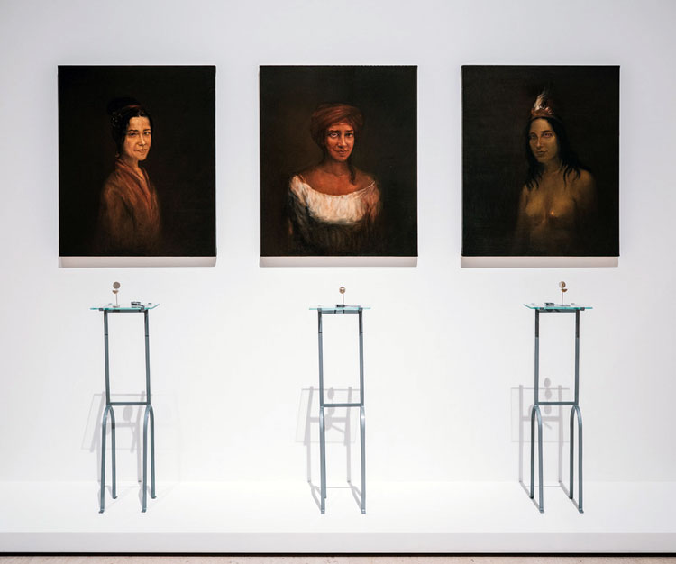 Adriana Varejão. Eye Witness X, Y, and Z, 1997. Oil on canvas, porcelain, photography, silver, glass, and iron, three pieces.