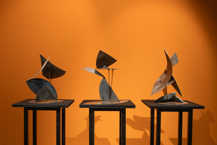 Ro Robertson, Constructions I – III, 2025. Welded and riveted steel, oil paint and sea water. Installation view, The Ribs Begin to Rise, Northern Gallery for Contemporary Art, Sunderland, July 2025. Photo: Chris Davison.