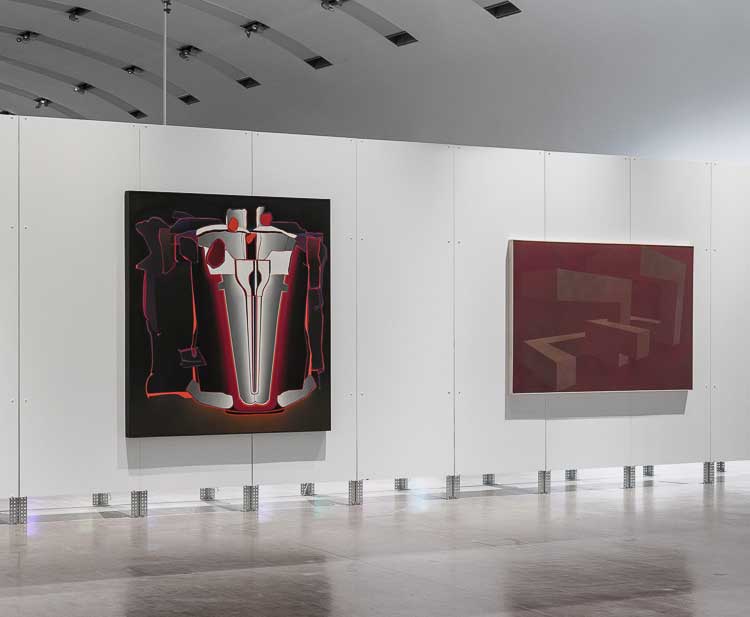 Installation view, Radical Software: Women, Art & Computing 1960–1991, from left to right: Miriam Schapiro, The Palace at 3:00 AM or Meander, 1971, courtesy the artist and Eric Firestone Gallery; Sonya Rapoport, Shoe-Field installation, 1983–89, courtesy Estate of Sonya Rapoport, Kunsthalle Wien 2025. Photo: kunst-dokumentation.com © Bildrecht, Wien 2025.