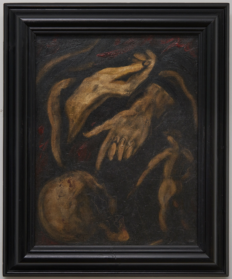 Derek Jarman. Men asleep are labourers and co-workers in what takes place in the world, 1983. Oil and mixed media on canvas, 45.7 x 35.6 x 2 cm (18 x 14 x 3/4 in). Courtesy Keith Collins Will Trust and Amanda Wilkinson, London.