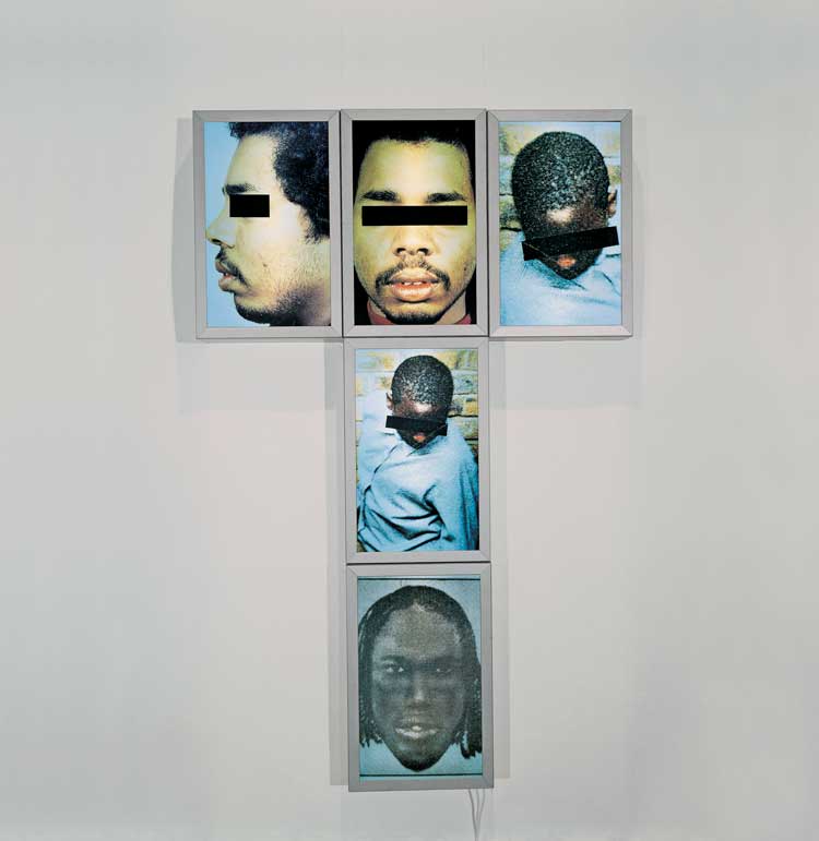Donald Rodney. Self Portrait: Black Men Public Enemy, 1990. Lightboxes with Duratran prints. Installation view, Donald Rodney: Visceral Canker, Spike Island, Bristol, 2024. Photo: Lisa Whiting.