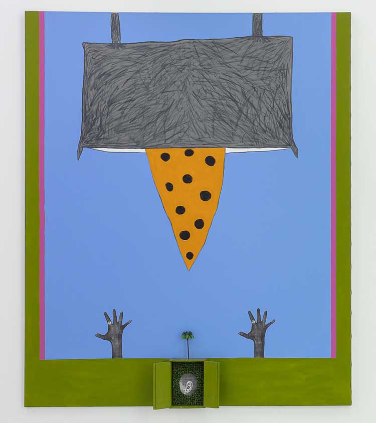Ofelia Rodríguez, Lending an Ear to the Past, 1994. Mixed media on canvas. Installation view, Talking in Dreams, Spike Island, Bristol. Photo: Dan Weill.