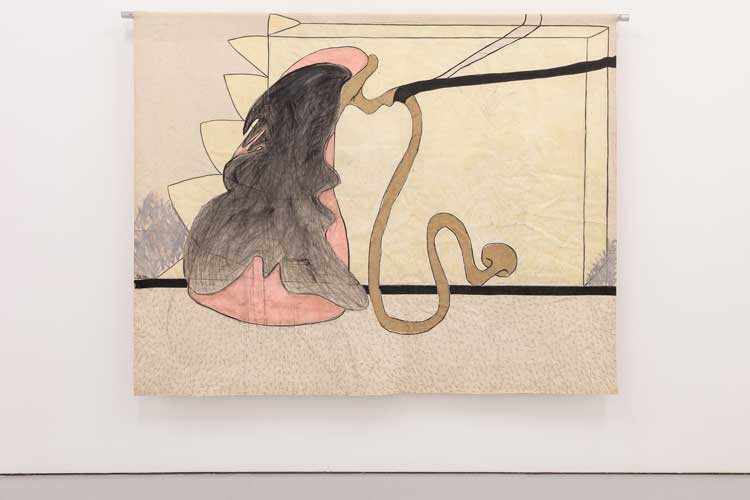 Ofelia Rodríguez, Organic Gramaphone with Silvery Lawn, 1979. Mixed media on canvas, pins and stitched. Installation view, Talking in Dreams, Spike Island, Bristol. Photo: Dan Weill.