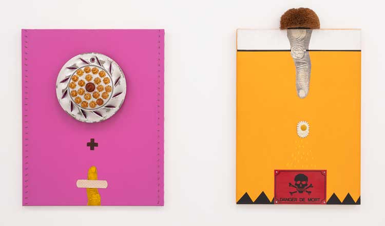 Left: Ofelia Rodríguez, Through the Mouth Yet Lacking Words, 1998. Mixed media on canvas. Right: Danger of Death, 1998. Mixed media on canvas. Installation view, Talking in Dreams, Spike Island, Bristol. Photo: Dan Weill.
