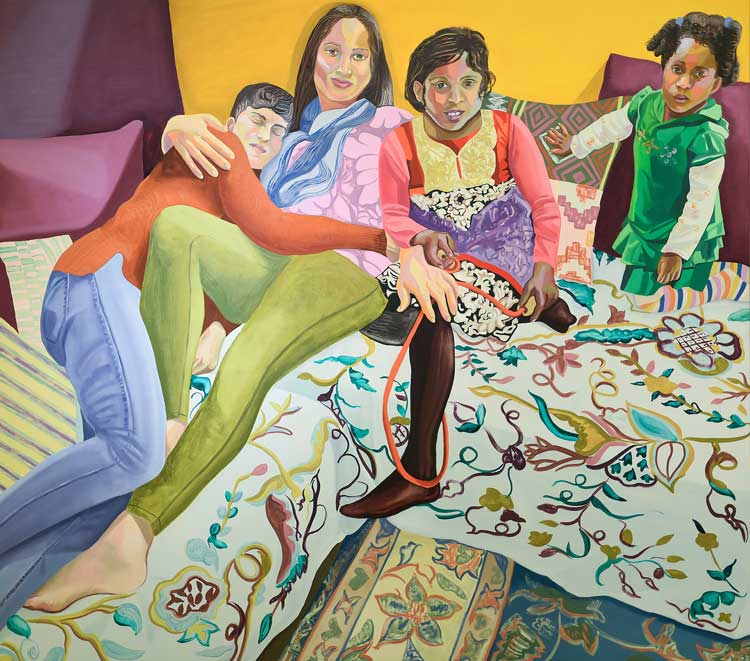 Aliza Nisenbaum. Susan, Aarti, Keerthana and Princess, Sunday in Brooklyn, 2018. Oil on linen, 145 x 162.6 cm. © Aliza Nisenbaum. Photo courtesy the Artist and Anton Kern Gallery, New York.