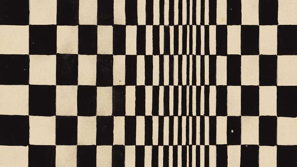 Bridget Riley, Study for Movement in Squares, 1961. Gouache on card. 6 1⁄2 × 6 3⁄4 in (16.5 × 17.2 cm). Collection of the artist, © Bridget Riley.
