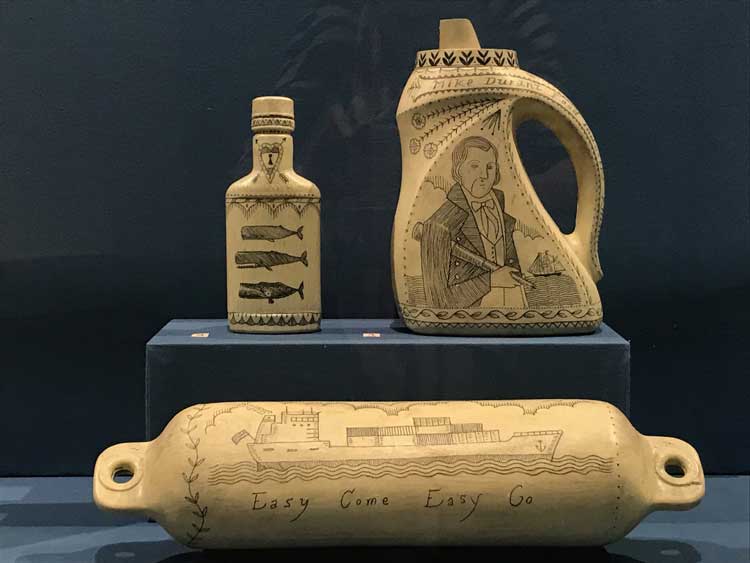 Duke Riley, set of three scrimshaw, No. 57-P, 37, and 81-P of Poly S.Tyrene Memorial Maritime Museum 2019-22. Painted salvage plastic, ink, wax. Photo: Marie Pohl.