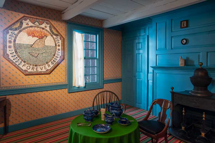 Installation: A historic home, now with everlasting plastic. Mosaic: Just Plain Forever, 2019, Shell mosaic on panel in mahogany, framed: 125.73 × 125.73 cm. Courtesy of Laura Lee Brown and Steve Wilson, 21c Museum Hotels. Photo: Danny Perez.