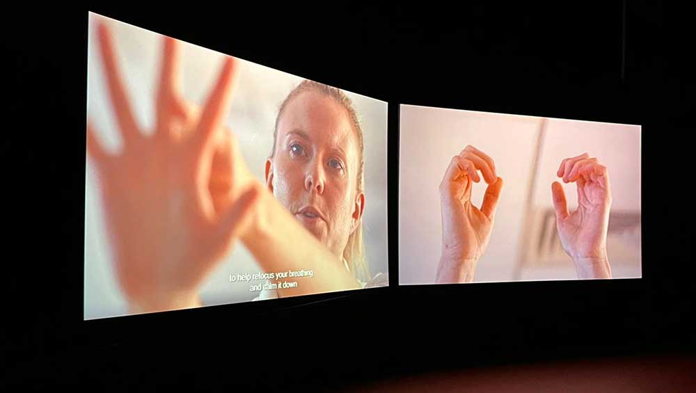 Ilona Sagar, The Body Blow, two-channel film. Installation view, Radio Ballads, Serpentine North Gallery, London, 2022. Photo: Veronica Simpson.