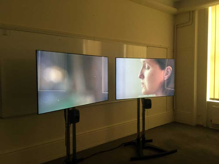 Ilona Sagar, The Body Blow, two-channel film. Installation view, Barking town hall, London, 2022. Photo: Veronica Simpson.