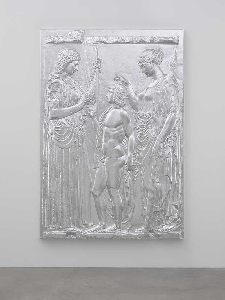 Charles Ray. A copy of ten marble fragments of the Great Eleusinian Relief, 2017. Aluminium, 232.4 × 160.7 x 12.1 cm. Collection of Joshua and Filipa Fink, New York.
