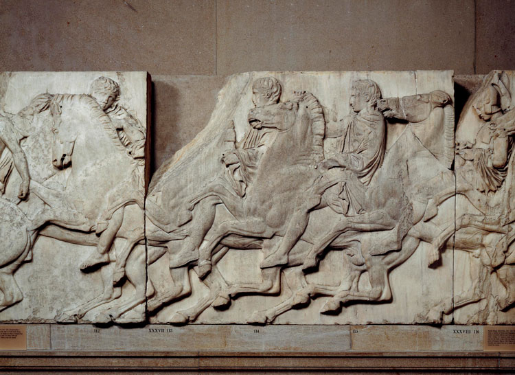 Marble relief, Slab XXXVII from the North Frieze of the Parthenon: procession of horse-drawn chariots. © The Trustees of the British Museum. Image licensed under Creative Commons Attribution-NonCommercial-ShareAlike 4.0 International (CC BY-NC-SA 4.0).