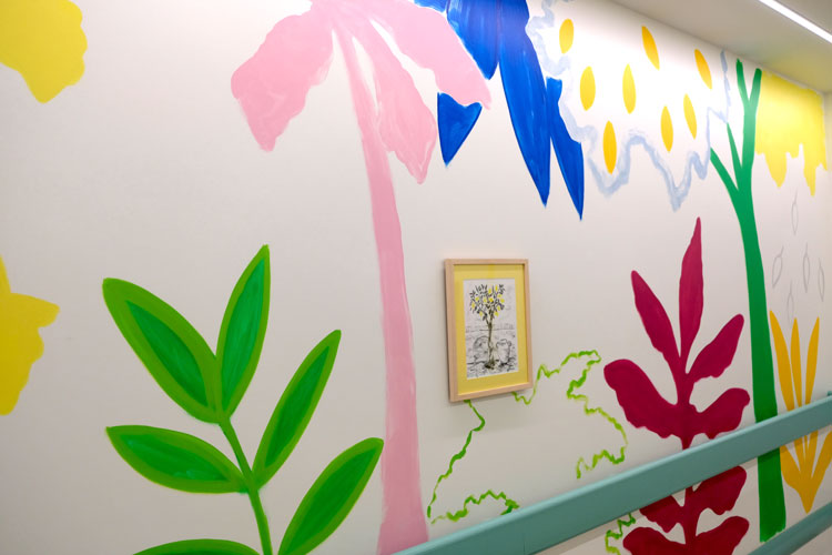 Cara Nahaul, Canopy and medicinal flora, detail, 2020. Paint, vinyl, and framed charcoal drawings. Custom House Ward, Newham Hospital. Photo: Vital Arts.