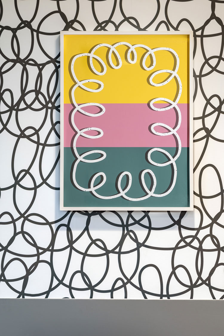 Rhys Coren, Love is the message (dedicated to the NHS and the staff at BHOC), 2019. Vinyl wallcovering, framed prints, Barts Health Orthopeadic Centre, Newham. Photo: Michael Whitestone.