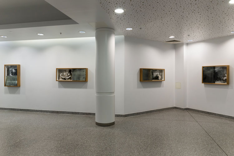 Richard Wentworth, The Light of Day, 2011. Digital prints, antiqued mirror, walnut boxes and nails. Barts Hospital. Photo: Owen Richards.