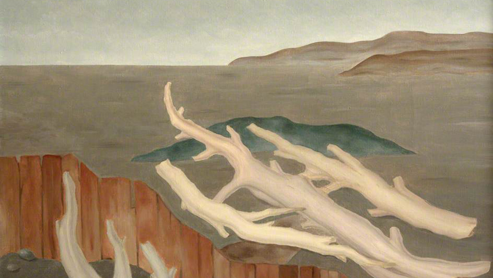 Albert Reuss. Fence with Stripped Tree Trunks, originally: Fence and Branches, 1971. Oil on canvas, 63.5 x 76.2 cm. Collection of Newlyn Art Gallery.