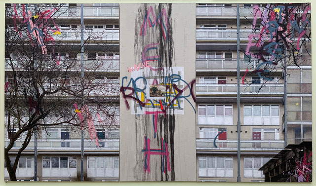 David Hepher, Hey Wayne On The Meath Estate. Acrylic, oil, spray paint and concrete on canvas, 284 x 502 x 2 cm. Installation view, Royal Academy of Arts. Photo: Martin Kennedy.