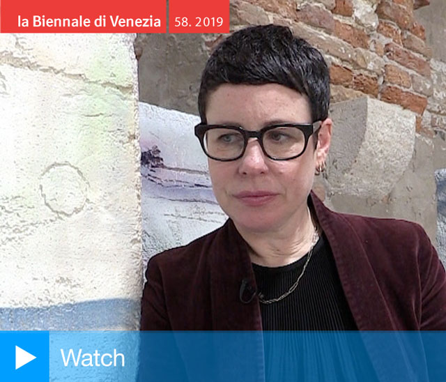 Eva Rothschild talking to Studio International at the opening of The Shrinking Universe,
Irish Pavilion, Arsenale, Venice Biennale 2019. Photo: Martin Kennedy.