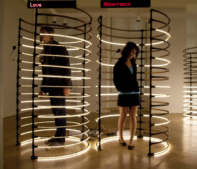 Alexandra Dementieva, Breathless, 2012. Interactive light object with production by Cyland MediaLab, VGC (Vlaamse Gemeenschapscomissie) (BE), and Adem vzw (BE), support from iMAL asbl/vzw and Flemish Ministry of Culture, programming and engineering by Aleksey Grachev and Sergey Komarov, and breath detector/Interface-Z construction by Peter Maschke; courtesy of the artist.