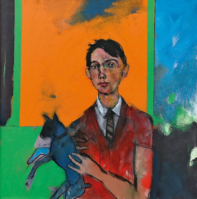 John Wragg. Man with strange creature. Acrylic, 80 x 80 cm. Photograph courtesy of the artist.