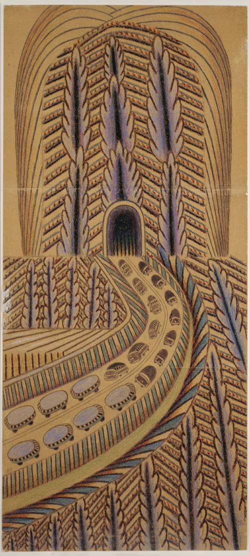Martín Ramírez. UNTITLED (Tunnel with Cars and Buses) (1895-1963). Auburn, California c. 1948-1963. Pencil and crayon on pieced paper 53 x 23 in Collection of Robert M. Greenberg Photo courtesy Robert M. Greenberg, New York