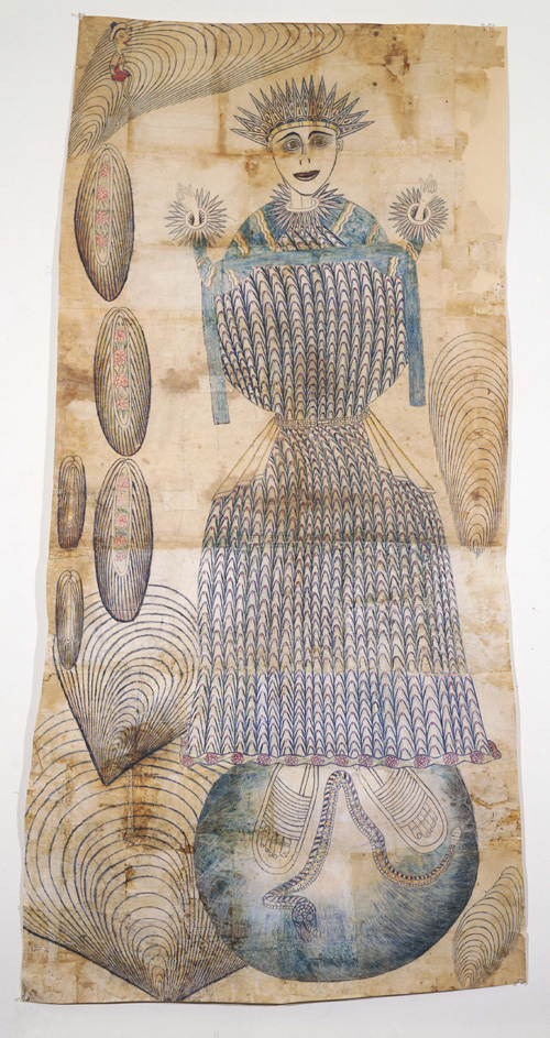 Martín Ramírez. Untitled (Madonna) c. 1948-63 pencil and crayon on pieced paper 79 x 41 in Collection of Ann and James Harithas Photo courtesy Phyllis Kind Gallery, New York