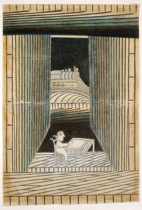 Martín Ramírez. Untitled (Man at Desk) c. 1948-63 pencil and crayon on pieced paper 23-1/2 x 34-3/4 in Collection of Stephanie Smither Photo credit: Rick Gardner, Houston