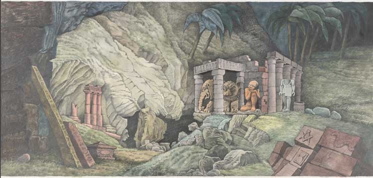Maurice Sendak, Design for Scrim, Act 2 (The Magic Flute), 1979–80. Watercolour and graphite on paper, mounted to laminated paperboard. The Morgan Library & Museum, Bequest of Maurice Sendak, 2013, 2013.104:112. Photo: Janny Chiu; © Maurice Sendak Foundation.