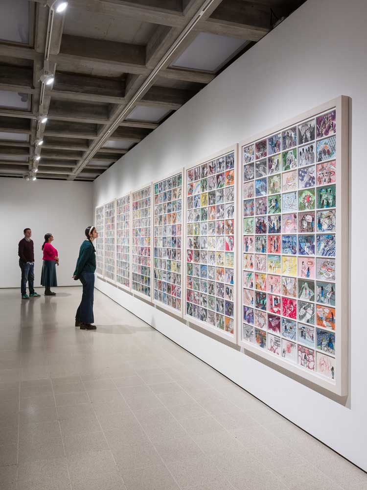 Drawings for Yoko Tawada's Praktikantin (The Trainee), 2023-24. Installation view, Chiharu Shiota: Threads of Life. Photo: Mark Blower. Courtesy of the Hayward Gallery. © DACS, London, 2026 and Chiharu Shiota.