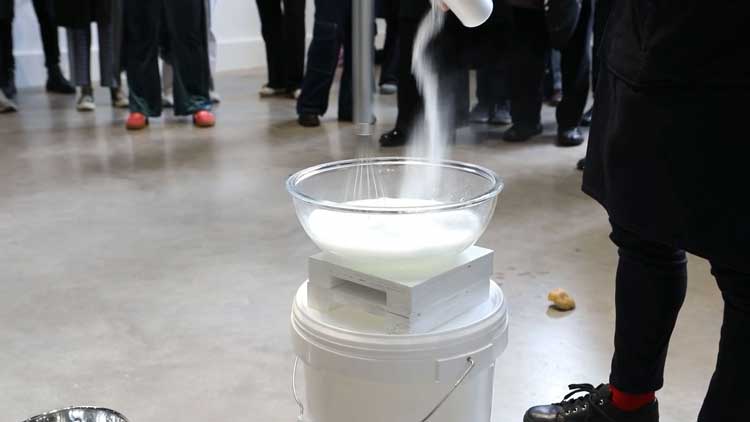 Aki Sasamoto, Grilled Diagrams, Performance, February 2026. Video still. Courtesy of the artist and Studio Voltaire. Video: Dor Even Chen.