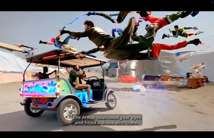 Hito Steyerl, Mechanical Kurds, 2025. Video installation. Courtesy of Hito Steyerl, Andrew Kreps Gallery, New York, Esther Schipper, Berlin / Paris / Seoul. © Hito Steyerl. Video stills: © Hito Steyerl, VG Bild-Kunst, Bonn 2025.