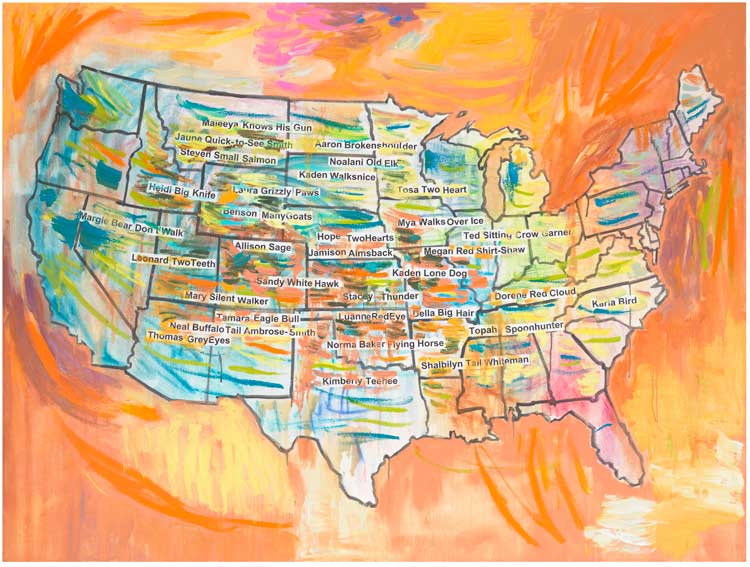 Jaune Quick-to-See Smith, American Citizens Map, 2021. Collection Philip Holzer. Image courtesy of The Estate of Jaune Quick-to-See Smith, Garth Greenan Gallery, New York and Stephen Friedman Gallery.