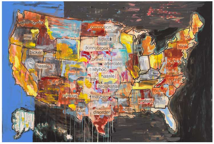 Jaune Quick-to-See Smith, War is War, 2023. Private Collection, New York. Image courtesy of The Estate of Jaune Quick-to-See Smith, Garth Greenan Gallery, New York and Stephen Friedman Gallery.